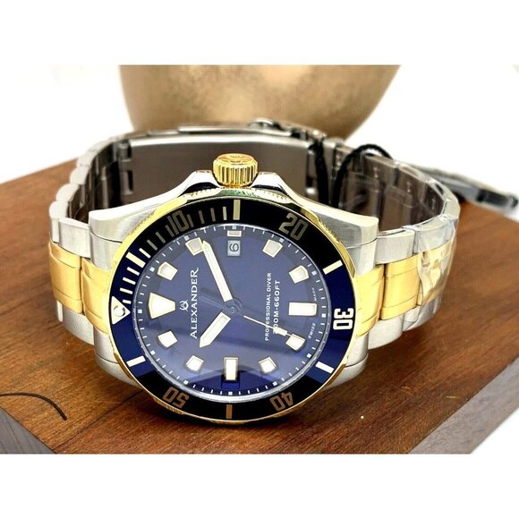 Alexander Men's Watch A501B Swiss Quartz Diver Blue Dial Two Tone Steel 42mm - Picture 9 of 15